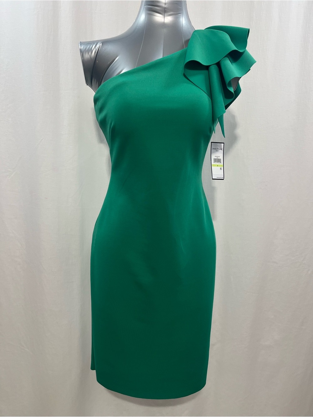 Jessica Howard One-Shoulder Ruffle Sheath Dress in Emerald Green Party 1665
